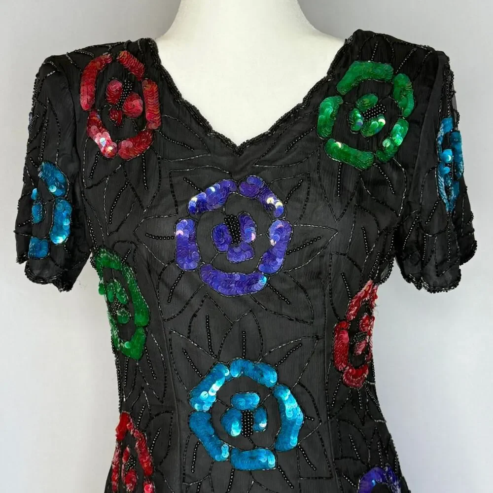 Vintage beaded sequin silk dress with flowers